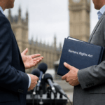 Politicians discussing the Renters’ Rights Act outside Parliament with microphones and briefing papers