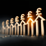 Gold pound symbols forming upward arrows, representing rising UK rents and house prices