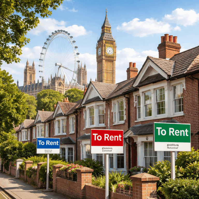 London terraced houses with To Rent signs, Big Ben and the London Eye in the background