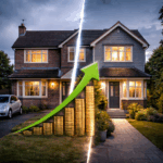 Split UK house with rising coins and arrow illustrating uneven house price growth across regions