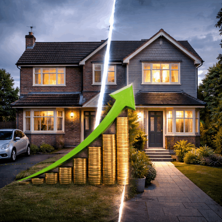 Split UK house with rising coins and arrow illustrating uneven house price growth across regions