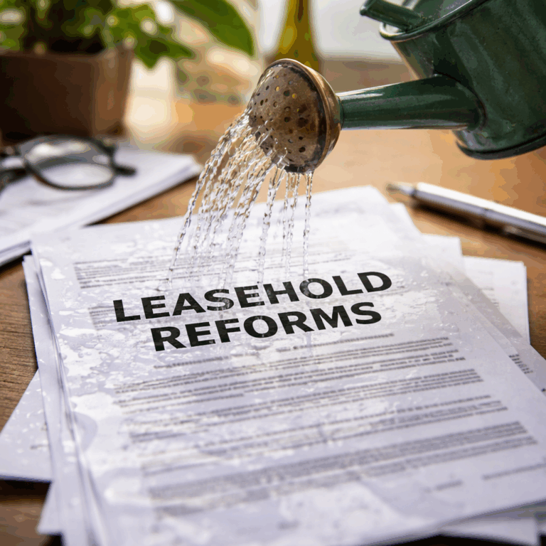 Water pouring over a document titled “Leasehold Reforms,” symbolising pressure on government promises