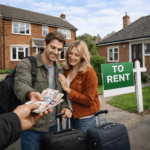 Couple with suitcases receiving cash in front of a house with a “To Rent” sign, symbolising support for moving to a smaller home