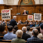 Tenants holding placards protesting rent increases inside a courtroom during a rent reform hearing