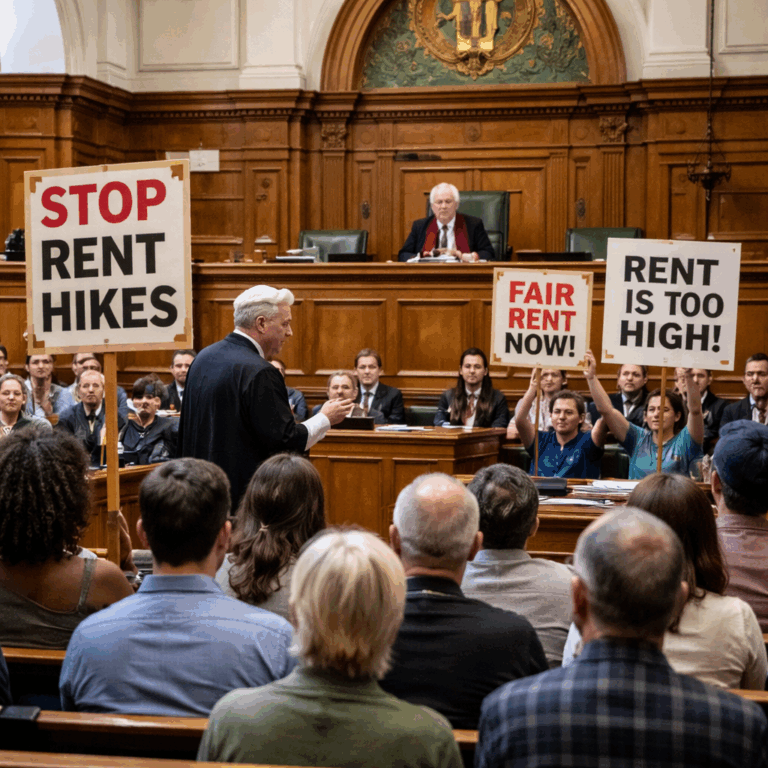Tenants holding placards protesting rent increases inside a courtroom during a rent reform hearing