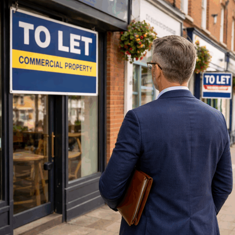 Businessman viewing a to let commercial property sign on a UK high street amid steady leasing demand