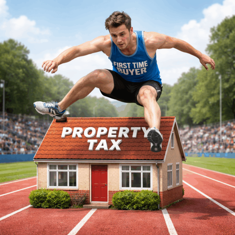 First-time buyer hurdling a house labelled property tax, symbolising barriers to homeownership