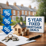 Five-year fixed buy-to-let remortgage concept with house model, coins, keys and falling interest rate icons