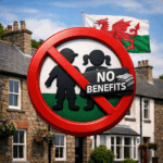 Sign showing a ban on excluding families or benefit recipients, with a Welsh flag in the background