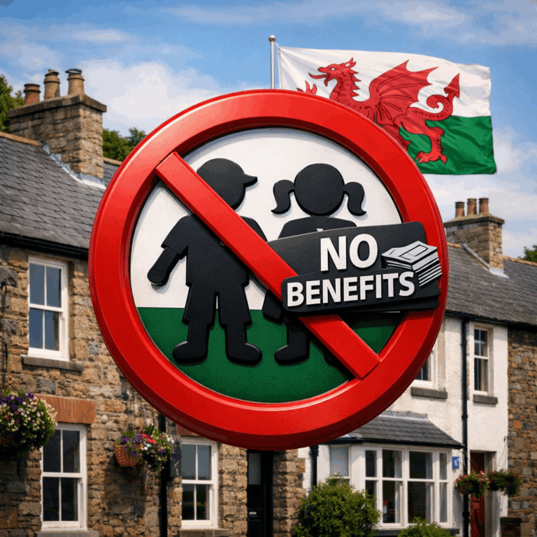 Sign showing a ban on excluding families or benefit recipients, with a Welsh flag in the background
