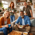 Mixed-age adults sharing food and drinks in a living room, reflecting the rise of older flatsharers