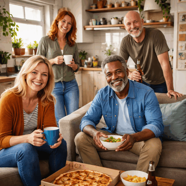 Mixed-age adults sharing food and drinks in a living room, reflecting the rise of older flatsharers