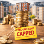 Stack of coins topped with a block of flats and a tag reading ground rent capped, symbolising leasehold reform
