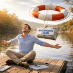 Landlord relaxing on a dock as a lifebuoy labelled bridging loan supports a bundle of cash