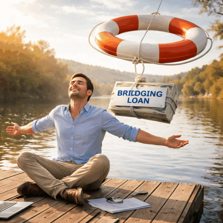 Landlord relaxing on a dock as a lifebuoy labelled bridging loan supports a bundle of cash