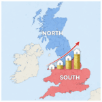 Map showing England split north and south with house price growth rising in northern regions and falling in the south