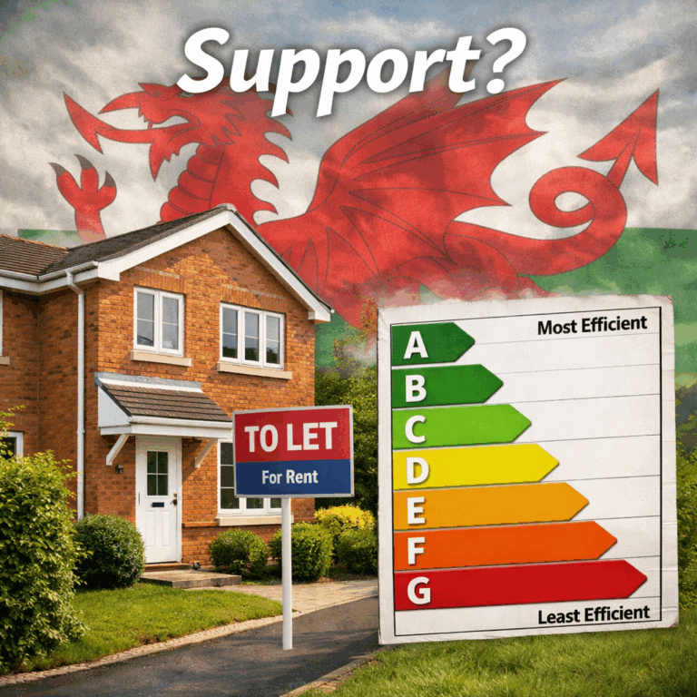 To-let home in Wales with energy efficiency rating chart and Welsh flag highlighting landlord support concerns