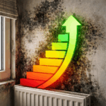 Energy efficiency rating arrow rising on a damp-stained wall, reflecting improved EPC scores and ongoing housing quality issues in England.