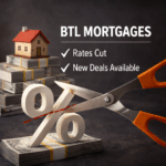cissors cutting a percentage symbol over stacked cash and a model house, symbolising buy to let mortgage rate cuts