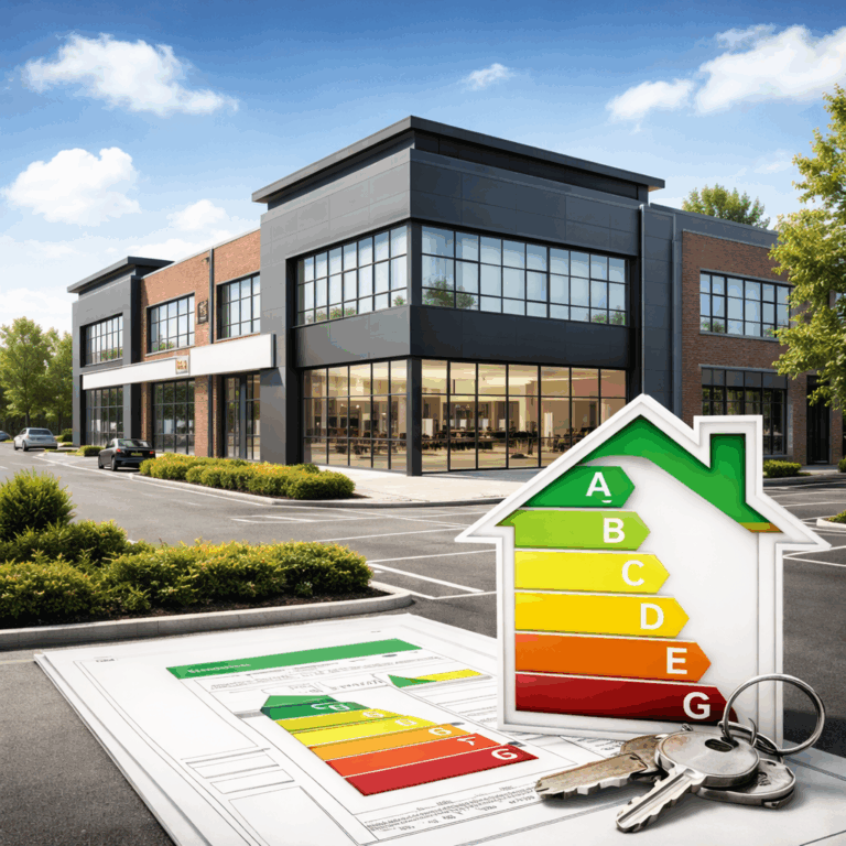 Modern commercial building with EPC energy rating chart and keys, representing upcoming energy efficiency standards for non-domestic property