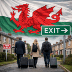 Welsh flag over a street scene as people with suitcases walk past an exit sign, symbolising housing pressures in Wales