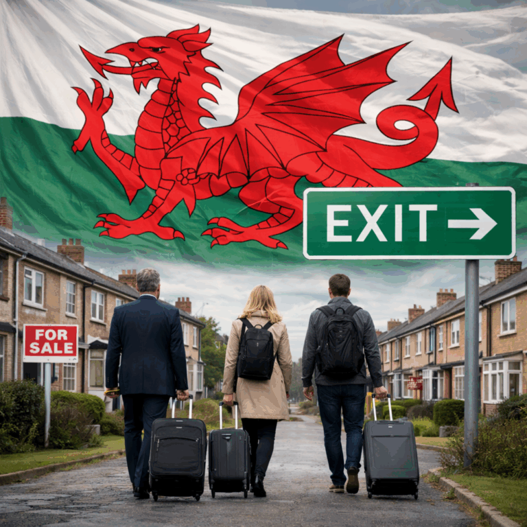 Welsh flag over a street scene as people with suitcases walk past an exit sign, symbolising housing pressures in Wales