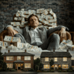 Wealthy investor lounging on piles of cash above two rental homes, symbolising profit-driven landlords replacing smaller ones
