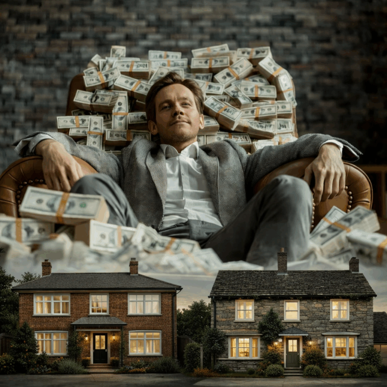 Wealthy investor lounging on piles of cash above two rental homes, symbolising profit-driven landlords replacing smaller ones