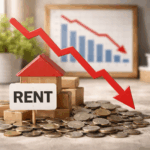 Rent sign beside model house and coins with downward arrow showing falling rental prices
