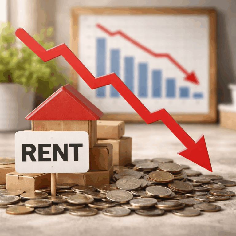 Rent sign beside model house and coins with downward arrow showing falling rental prices