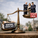 Scales of justice balancing a Renters’ Rights Act document against landlords beside an exit sign