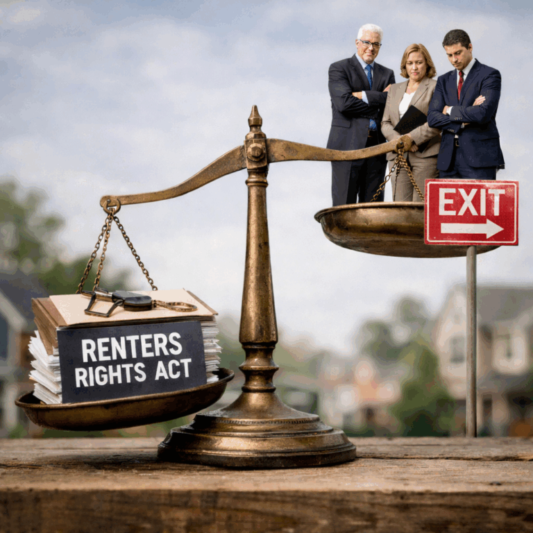 Scales of justice balancing a Renters’ Rights Act document against landlords beside an exit sign
