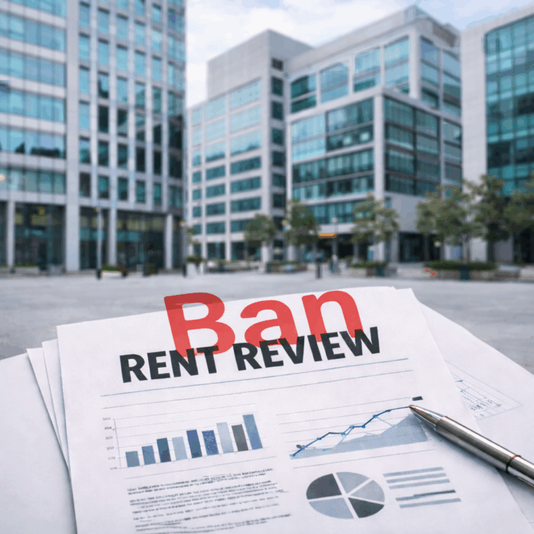 Ban rent review document with charts in front of modern office buildings, illustrating impact on commercial property values