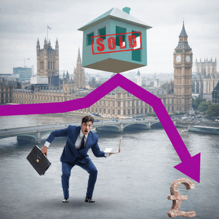 Falling London house prices as sellers face losses, shown by downward arrow, sold home icon, and pound symbol