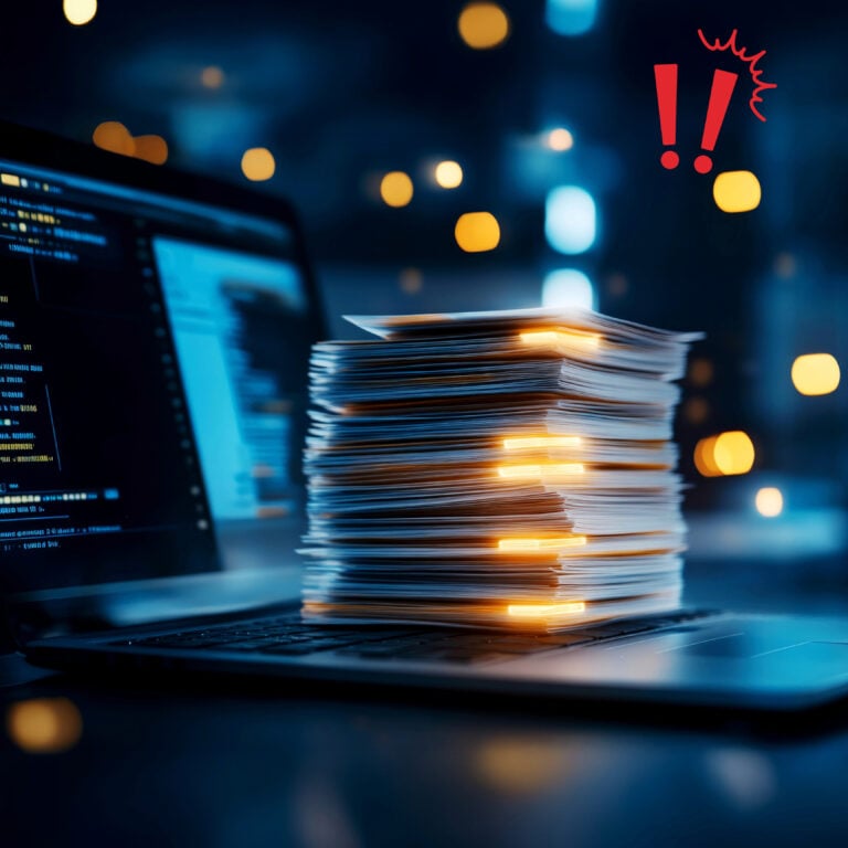 Stack of paper records glowing on a laptop, illustrating landlords’ concerns about Making Tax Digital compliance