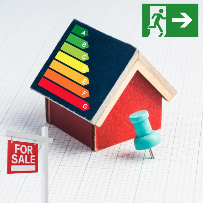 Model house with EPC energy rating scale and for sale sign representing impact of EPC C rules on landlords