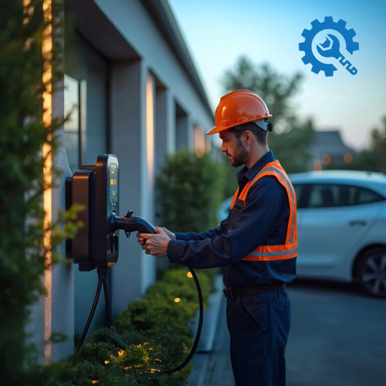 Electrician installing a wall-mounted EV charger at a residential rental property