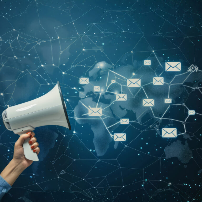 Megaphone and email icons over world map representing a mass email campaign to MPs on leasehold reform