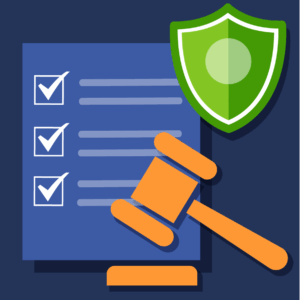 Legal compliance checklist with gavel and security shield representing landlord enforcement protection