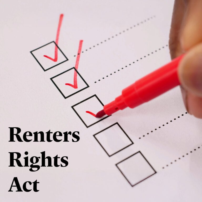 Checklist being ticked in red next to Renters’ Rights Act text, symbolising new compliance requirements for letting agents