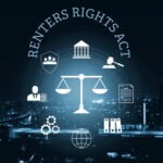 Illustration showing legal scales surrounded by icons representing enforcement, councils, and renters’ rights