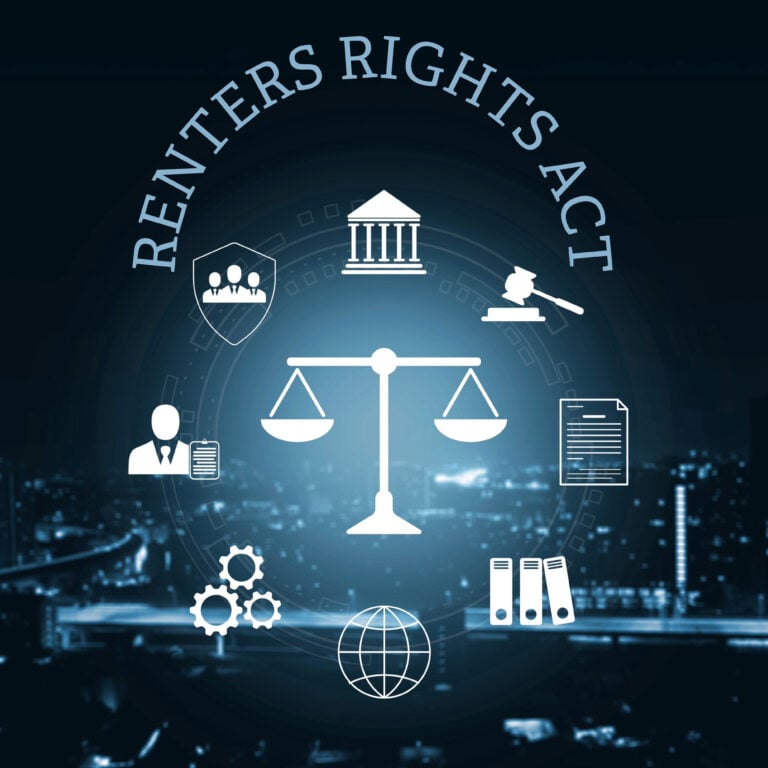 Illustration showing legal scales surrounded by icons representing enforcement, councils, and renters’ rights