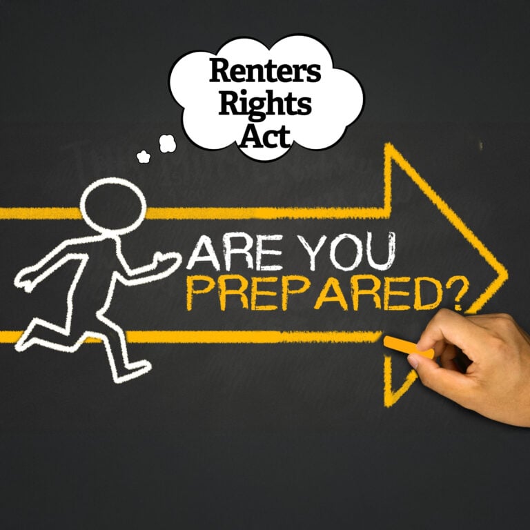 Chalkboard-style illustration asking “Are you prepared?” with Renters’ Rights Act message and forward arrow