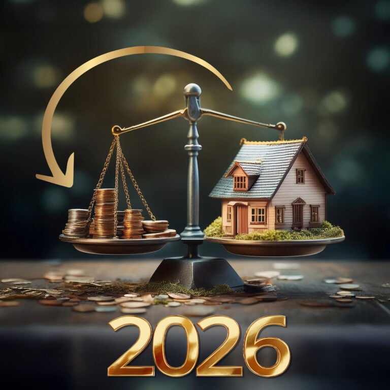 Balance scales weighing stacked coins against a house, symbolising buy to let affordability and mortgage stress rates