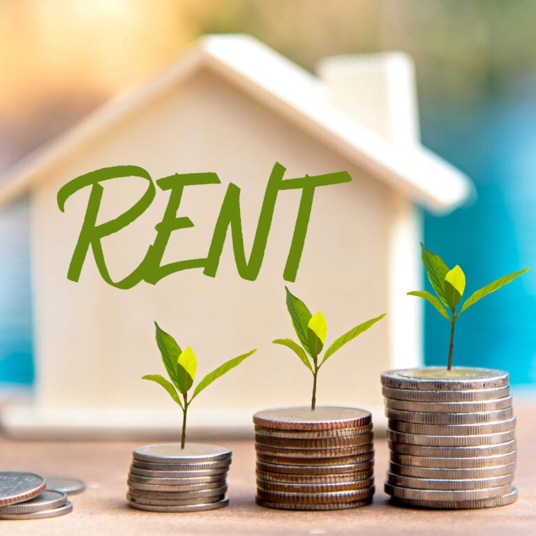 Illustration showing rising rental yields with stacked coins and plants in front of a house labelled rent