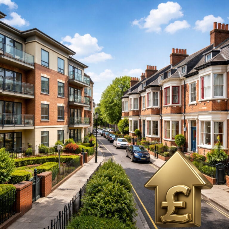 UK residential street with flats and terraced houses alongside a rising pound symbol, reflecting rental yield growth