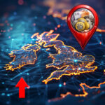UK map with a location pin showing pound coins and notes, representing rising property prices in affordable areas