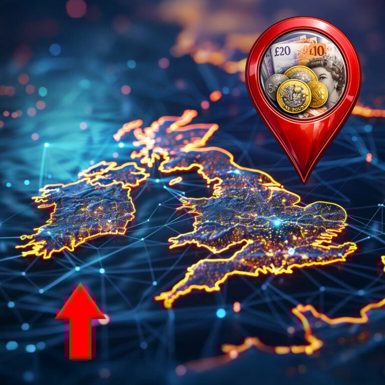 UK map with a location pin showing pound coins and notes, representing rising property prices in affordable areas