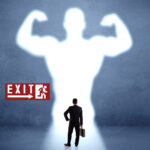 Businessman with briefcase facing an exit shaped like a muscular figure, symbolising landlords leaving the rental sector