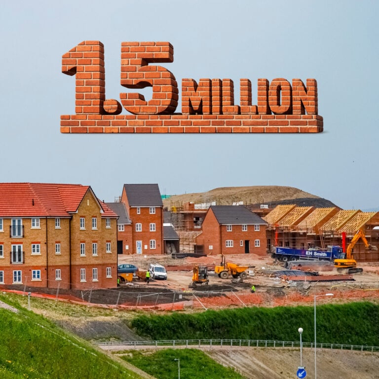 New housing development under construction with brick homes and machinery, illustrating the government’s 1.5 million homes target